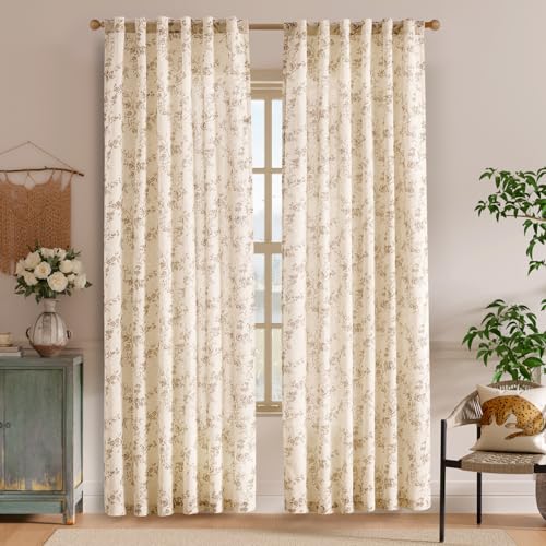 Lazzzy Taupe Vintage Floral Linen Curtains Farmhouse 50W X 84L 2 Panels - color: Taupe on Beige, size: 50"W x 84"L (Pack of 2)