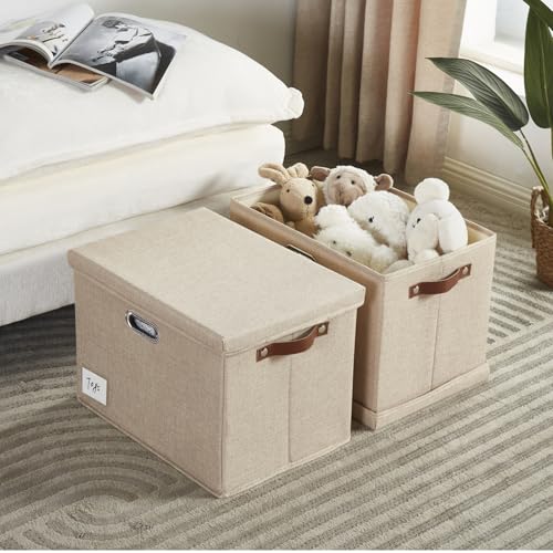 17" Large Fabric Storage Box with Lids, 3-Pack, Khaki - color: khaki, size: Large-17"