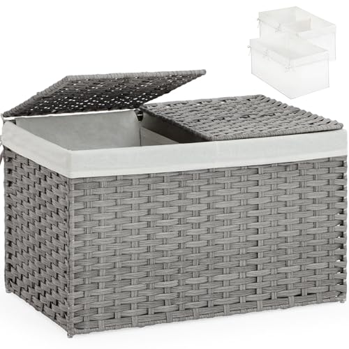 SETVSON Storage Basket with Lid PE Rattan 27.8 Gal Wicker Chest, Gray - color: Gray, size: 105L-25.2L*15.4W*16.1H