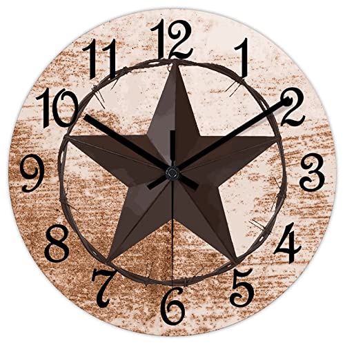 Round Farmhouse Wall Clock Western Texas Star Classic Style Wood Clock Quiet Non-Ticking Battery Operated with Large Numbers Retro Wall Hanging Desk Clock for Living Room Home Home 12 Inch - color: Style-3, size: 12in