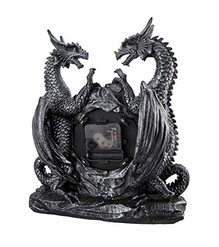Mythical Dragon Duo Desk Clock in Metallic Look and Antique Face with Roman Numerals for Desktop, Shelf & Mantle As Gothic Medieval Decor Or Decorative Office Gifts