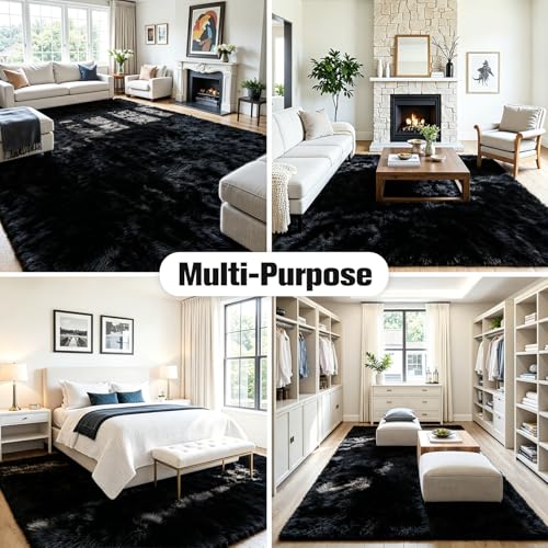 5x8 Fluffy Area Rug for Living Room: Soft Non-Slip Black Bedroom Carpet - color: Black, size: 5' x 8' (Rectangular)