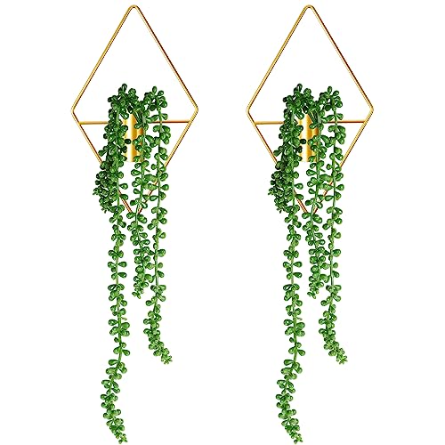 Jexine 2 Pcs Boho Wall Decor Gold Hanging Planters with Artificial Plants Wall Art Mounted Metal Home Decor Display Bedroom Bathroom Living Room (Succulent Plants) - style: Succulent Plants