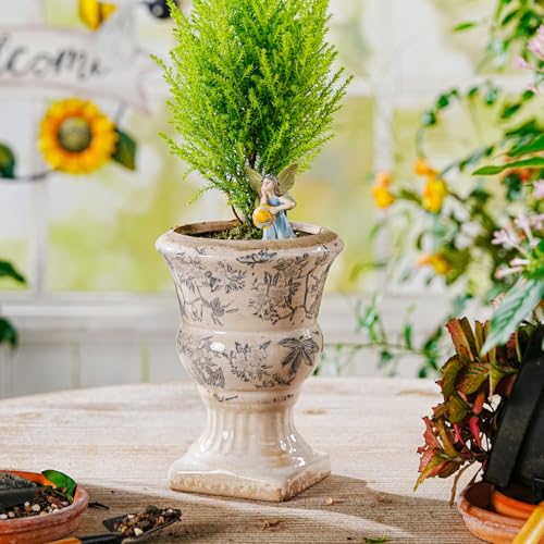 Sungmor Small Ceramic Urn Planter - Grey Floral Pedestal Flower Pot - color: Gray