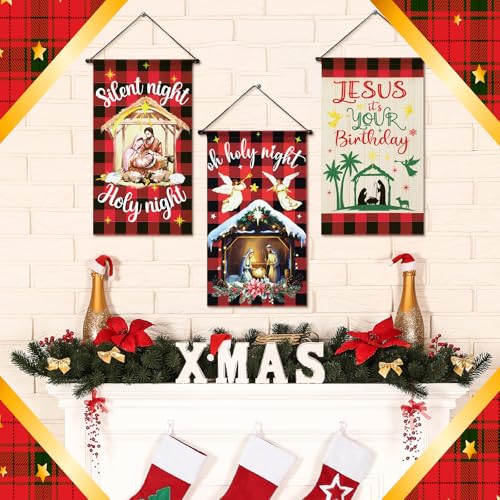 Tegeme 3 Pcs Nativity Christmas Door Sign Flag Christmas Holy Night Door Banner Jesus Nativity Flag 12 x 19 Inch Holiday Hanging Decoration for Home Outdoor - style: Xmas