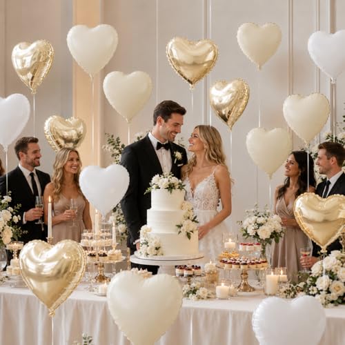 Cream White Gold Heart Foil Balloons,12Pcs 18Inch Heart Shaped Balloons - color: Cream White Gold