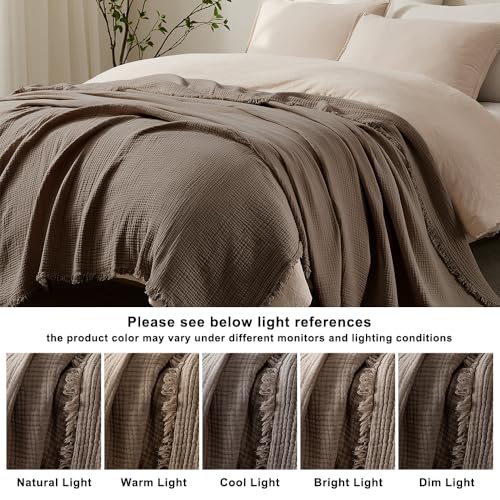 WDCOZY 100% Cotton Muslin Blanket Queen Size 4-Layer for Bed Breathable Lightweight Soft Large Boho Farmhouse Linen Tassels Ruffle Gauze Blankets 90x90 Inches Brown Mocha Chocolate Coffee Taupe - color: Mocha, size: Queen (90"x90")