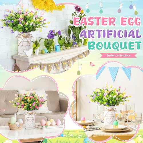 Riceshoot Easter Table Centerpieces Include 3 Easter Egg Floral Picks 5 Eucalyptus Stems Plants with Vase Artificial Easter Egg Flower Arrangement for Easter Spring Party Office Home Decoration
