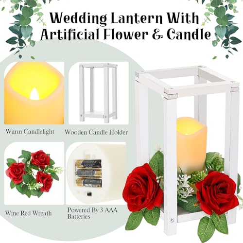 Hushee 30 Pcs Wooden Wedding Lantern Centerpiece, Red Rose, White - color: White and Red, size: 10.6 x 5.5 x 5.5 inches