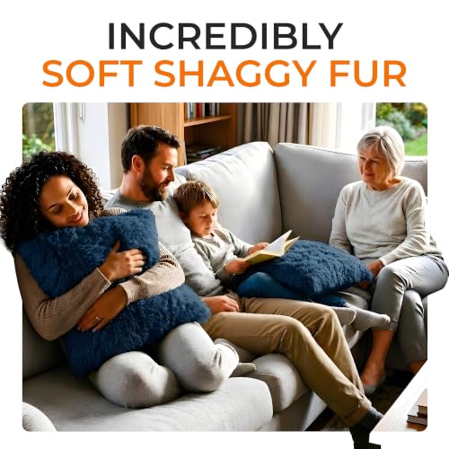 Cheer Collection Throw Pillows for Couch and Bed, Soft Shaggy Throw Pillows with Inserts Included, Cozy Long Hair Faux Fur Pillows - Set of 2-18" x 18" - Navy Blue - color: Navy Blue, size: 18 x 18-Inch