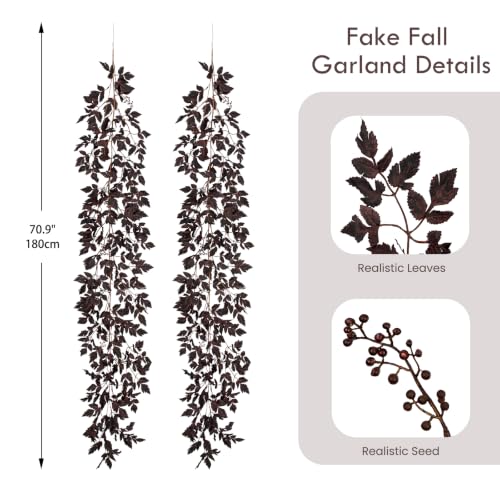 Hollyone 2 Pack Fall Garland 6FT Artificial Plum Cimicifuga Seeded Leaf Garlands Faux Purple Leaves Fall Foliage Autumn Garland for Mantle Fireplace Thanksgiving Halloween Home Indoor Outdoor Decor