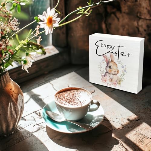Easter Bunny Wooden Sign - Easter Bunny Decor, Easter Decorations, Spring Easter Desk Decor, Floral Spring Happy Easter Wooden Box Sign for Home Shelf Desk Table 5x5 Inch - color: Bunny