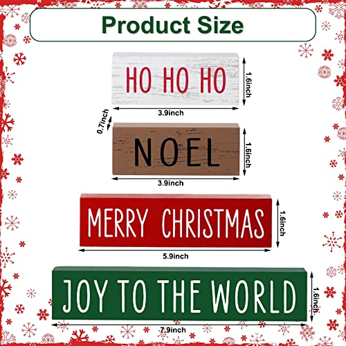 Blulu 4 Pieces Christmas Wooden Block Sign Red White Green Brown Table Centerpieces Farmhouse Tabletop Christmas Ornaments for Home Shelf Mantel Fireplace Table Windowsill Decor