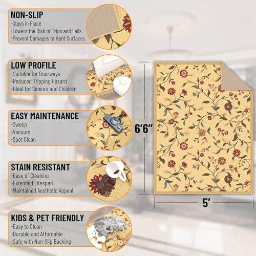 Ottomanson 5x7 Area Rugs for Living Room – Stain Resistant Bedroom Rug - color: Floral Beige