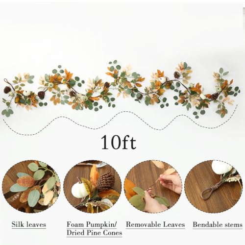 MIZII Fall Decor Artificial Pumpkin Garland 10 Feet Autumn Leaf Pumpkin Pine Cones Berries Hanging Vines Garlands Thanksgiving Halloween Harvest Decorations for Mantle Fireplace Farmhouse (10ft,Green) - color: 10ft,green