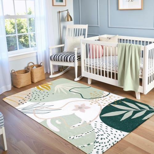 Lahome Green Botanical Print Small Throw Rugs Modern Abstract Non-Slip 3x5 Minimalist Art Area Rug Accent Distressed WashableFloor Carpet for Living Room Bedroom Entryway - color: Green, size: 3' x 5' (Rectangular)