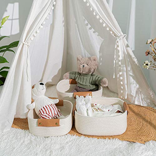 CHICVITA 3 Pack Woven Rope Gift Basket with Leather Handles, White - color: White, size: 11.4 x 10.6 x 5.5 Inch (3 Pack)