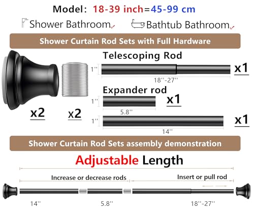 Black Tension Shower Curtain Rod – Adjustable 18-39 Inches, Fits 20-38 Inch Spaces, No Drill Rust Resistant Spring Rod for Bathroom, Kitchen, Bedroom, Balcony - color: Black, size: 18-39 inch