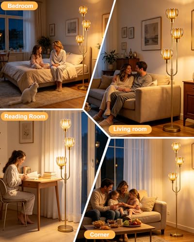 Modern Glass Floor Lamp 66IN 3-Light Amber Glass Gold Dimmable Floor Lamps - color: Amber Lotus-Gold