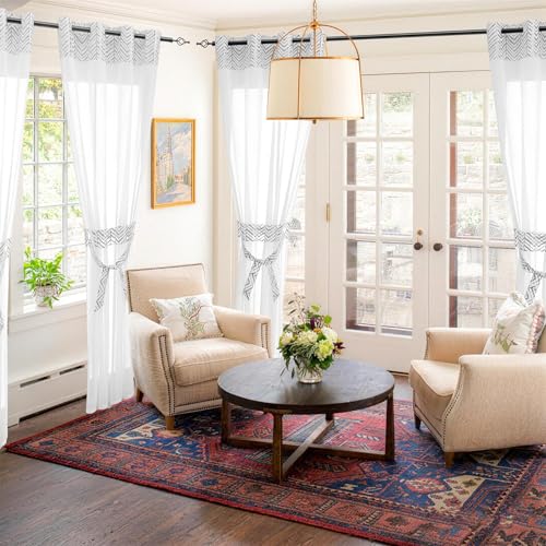 L.Z.E White Sheer Curtains 63 Inch Length 2 Panels Set, Elegant Silver Patterned Curtains for Living Room Dining Room, Light Filtering Linen Textured Grommet Window Drapes with Design - color: (Grommet) Silver Pattern, size: 54"W x 63"L (Pack of 2)