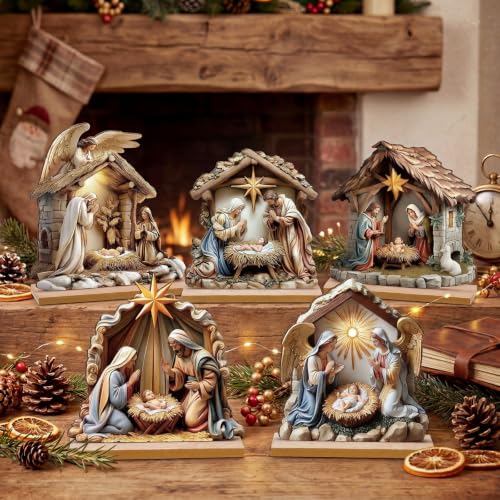 RattanView 5 Pcs Christmas Table Decorations Wooden Christian Religious Decoration Nativity Scene Centerpiece Holy Night Tiered Tray Decor Nativity Scene Christmas Block Signs for Home Kitchen Shelf - style: Nativity Scene