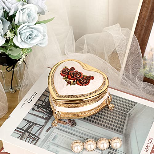 Hipiwe Heart Shape Metal Jewelry Box Antique Trinket Box Carved Red Rose - color: Red, size: Small