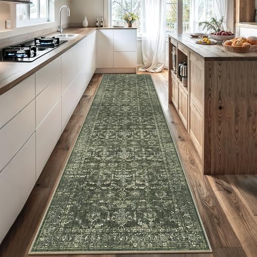3x12 Washable Kitchen Runner Rug Soft Vintage Dark Green Throw Carpet - color: Dark Green, size: 3' x 12' (Runner)