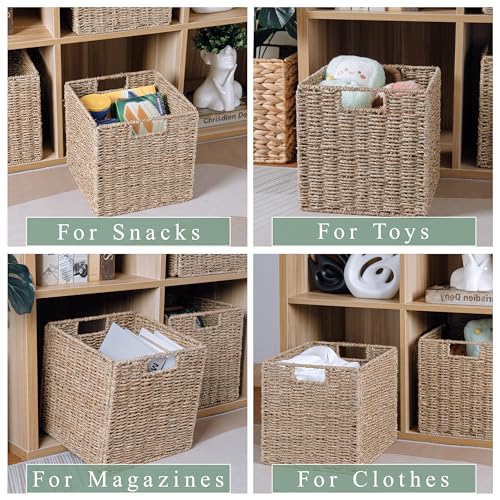 10.5 x 10.5in Cube Seagrass Storage Baskets, Foldable Square Wicker Storage Baskets for Shelves Set of 3, Large Cubby Rattan Basket, Collapsible Cube Storage Bins