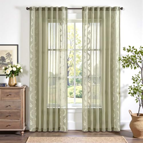 jinchan Floral Sheer Curtains, Back Tab 50x84 Inch, 2 Panels Green - color: S | Green, size: 50"W x 84"L (Pack of 2)