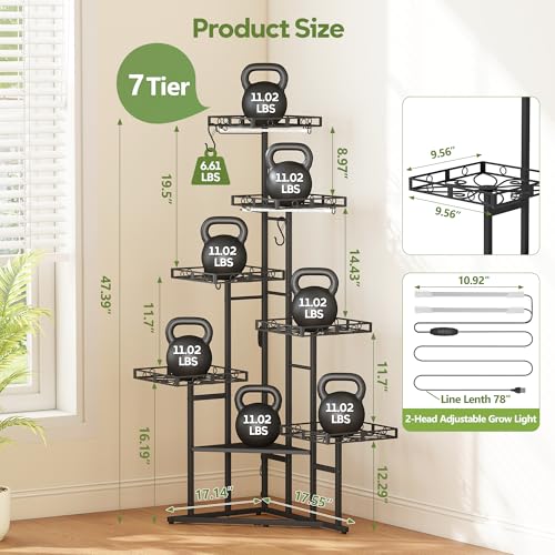 Quikraen Plant Stand Indoor with Grow Lights, 46" Tall Lighted Corner Plant Shelf for Indoor Growing, 7-Tier Multiple Metal Large Flower Holder, Plant Rack for Home Decor, Patio (Black) - color: Black, size: 7-Tier with grow light