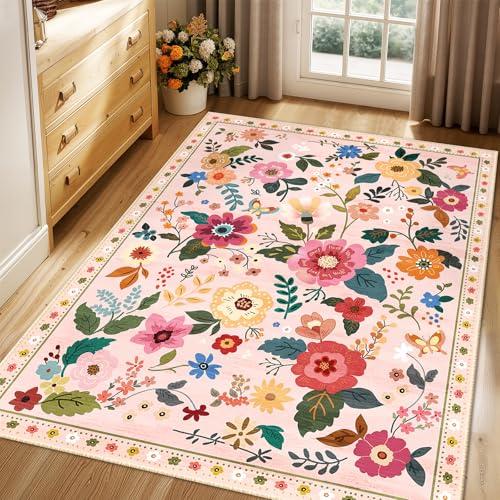 RELEANY Floral Washable 4x6 Area Rugs Pink - color: Pink, size: 4' x 6' (Rectangular)