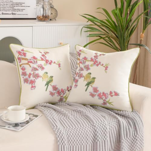 Holibeat Spring Embroidered Birds Tree Throw Pillow Covers Peacock Decorative Pillowcases(Pink, 20" x 20" (Pack of 2)) - color: Pink, size: 20" x 20" (Pack of 2)