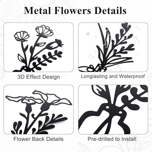 Embewhis Wall Decor Metal Flowers 3pcs, Rustic Farmhouse Flower Sculptures, 13.7" Wall Art Decor, Drill-Free Install Option for Living Room, Kitchen, Bedroom & Bathroom (M) - size: M