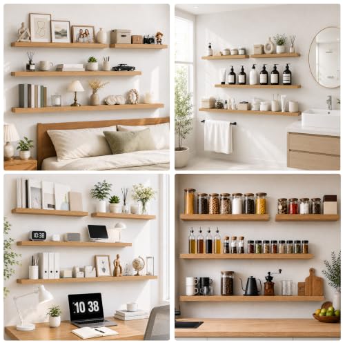 RICHER HOUSE 48Inch Long Floating Shelves, 12" Deep Rustic Wood Wall Shelf - color: Oak, size: 48in