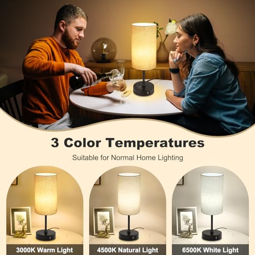 Unicozin Table Lamp Set of 2, 3 CCT 3000K/4500K/6500K & RGB Color Changing, Stepless Dimmable Small Bedside Lamp for Reading, Ambience Nightstand Light for Home Decor Party, Beige Shade - color: Beige - Black 2pcs, size: 14.5in