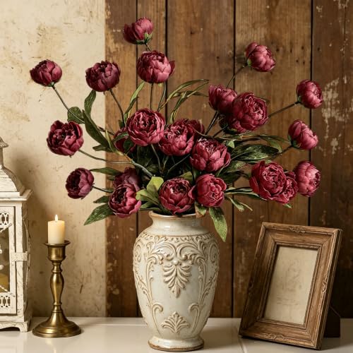 6Pcs Burgundy Peony Artificial Flowers for Vase - color: Burgundy, size: 6Pcs