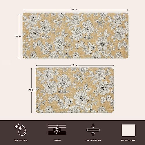 Laura Ashley - Anti-Fatigue Kitchen Mat, Iris Floral Design, Stain, Water & Fade Resistant, Cooking & Standing Relief, Non-Slip Backing, 2 Piece Set, Tawny Yellow - color: Tawny Yellow, size: 48"L x 17.5"W / 28"L x 17.5"W