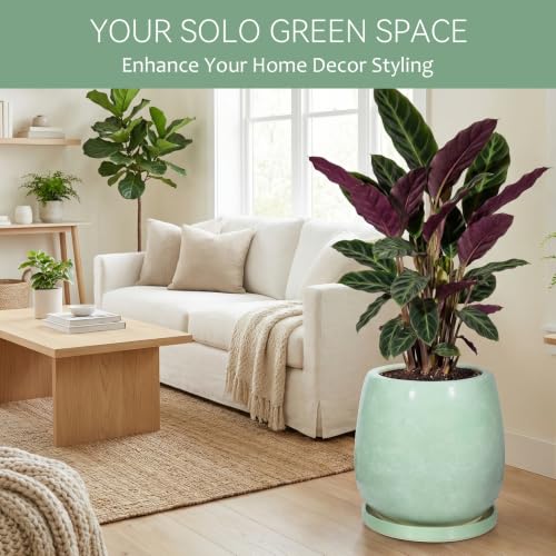 10.3 Inch Ceramic Glaze Plant Pot with Saucer, Flower Pots with Drainage Hole Mesh Net (Grass-Green) - color: Grass Green
