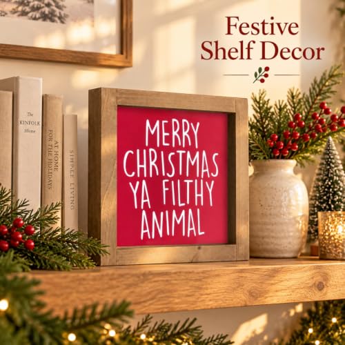 Merry Christmas Ya Filthy Animal Sign, Wooden Table & Wall Decor - color: red-4