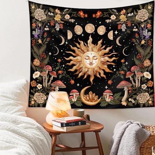 Jhdstore Burning Sun Wall Tapestry for Bedroom Moon Phase Tapestry Wall Hanging Witchy Room Decor Botanical Flowers Tapestries Aesthetic Fabric Posters for Bedroom Living Room Decor 36” x 48” - color: Botanical Sun Moon, size: 48"L x 36"W