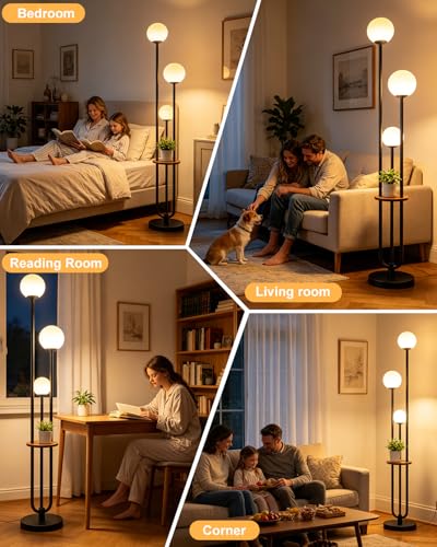 Lightdot Dimmable Floor Lamp for Living Room 3-Globe Standing Lamp with Table Candle Holder Style 3000K Warmwhite Bulbs Included Black Tall Lamps with 5Lbs Heavy Base for Sofa Beside/Corner Decor - color: 3 Globe-Black Shelf