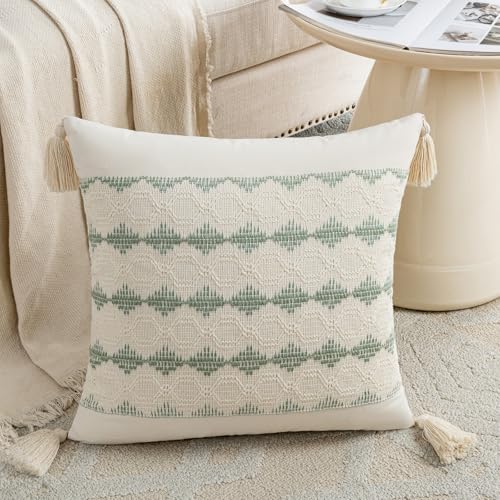 Fancy Homi Set of 2 Sage Green Boho Decorative Throw Pillow Covers 18x18 Inch for Living Room Bedroom Couch Bed Sofa Chair, Rustic Retro Cushion Case with Tassels, Bohemian Farmhouse Room Home Décor - color: Sage Green, size: 18" x 18" (Pack of 2)
