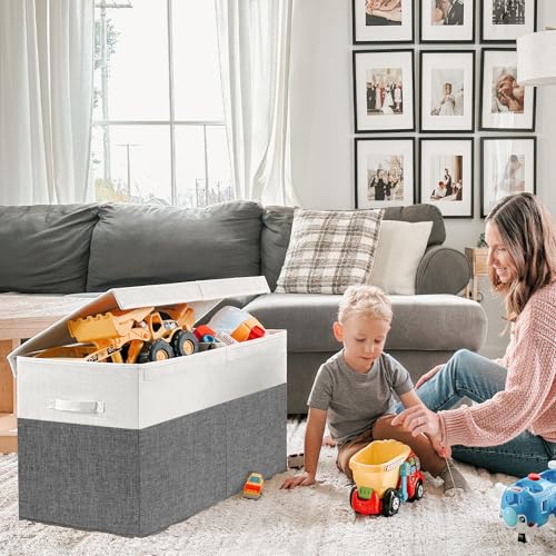 INDRESSME 85L Large Toy Storage Box with Lid & Dividers, Grey & White - color: Grey & White, size: 25"x13"x16"