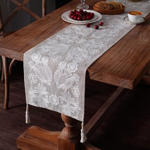 Embroidered Table Runner Boho Farmhouse Dresser Scarf, 14" x 112" - color: Beige B, size: 14 x 112 Inches