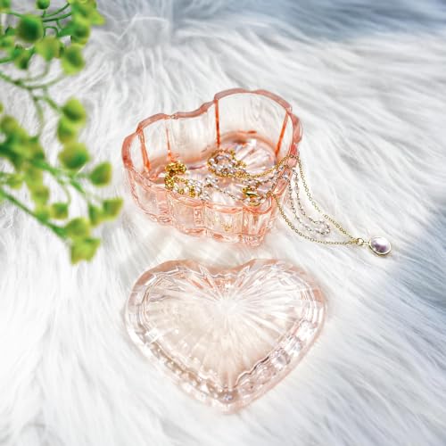 Glass Heart Shaped Jewelry Box with Lid, Ring Earring Trinket Storage Box - color: Pink