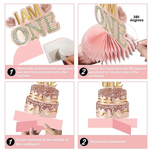 Turypaty Happy 1st Birthday Honeycomb Table Centerpieces Decorations Girls - style: Pink Rose Gold 1st