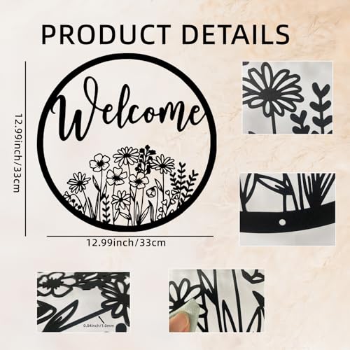 Wildflower Welcome Sign Floral Metal Wall Art Welcome Door Decor Outdoor Hanging Wall Sign Flower Design Farmhouse Front Door Porch Decoration (Black) - color: Black