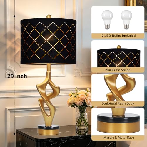 Ruzectt 29" Tall Black and Gold Table Lamps Set of 2 for Living Room, 3 Color Temperatures Bedside Lamps for Bedroom Nightstand, Modern Sculptural Resin Lamp with Grid Shade (2 LED Bulbs Included) - color: Black & Gold (2 Pack)
