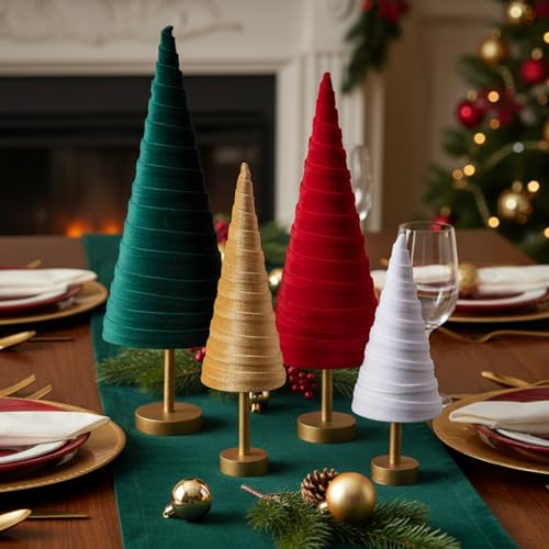 Hoolerry 4 Pcs Christmas Velvet Trees with Gold Pedestal, Classic Xmas - color: Classic Xmas