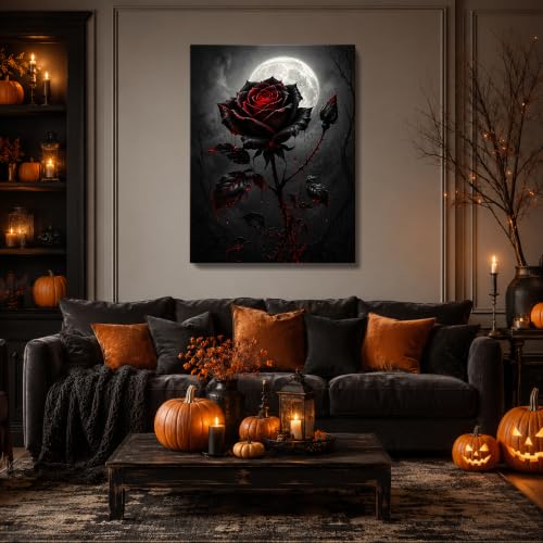 Halloween Wall Art, Gothic Black Rose and Full Moon Halloween Pictures - color: Halloween04, size: 12"Lx16"W